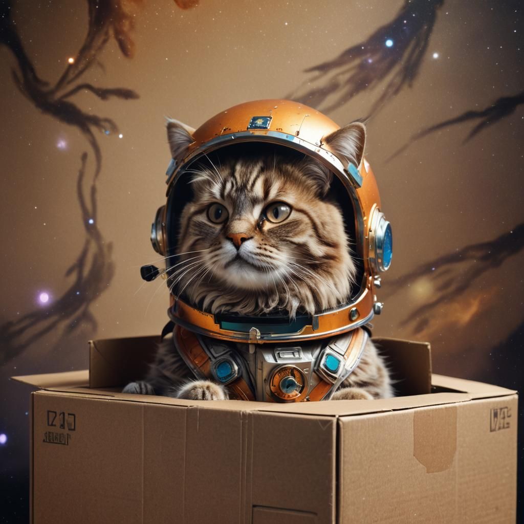 Cat in Astronaut Helmet in Cardboard Box