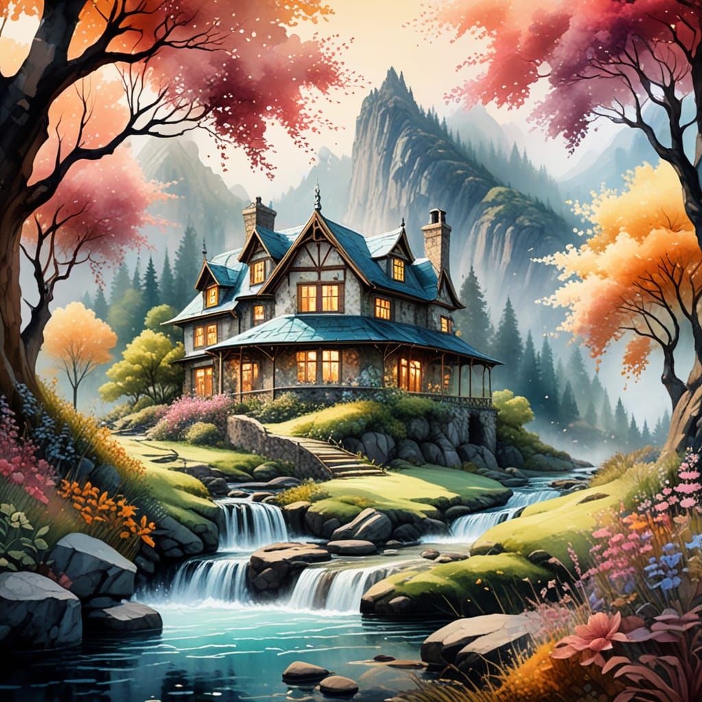Fantasy World in Watercolor with Stone House