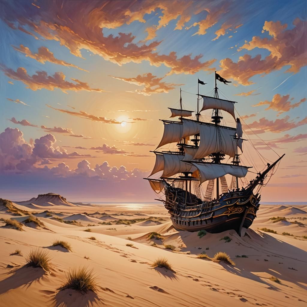 Galleon in the Desert: Dreamy Anime Painting
