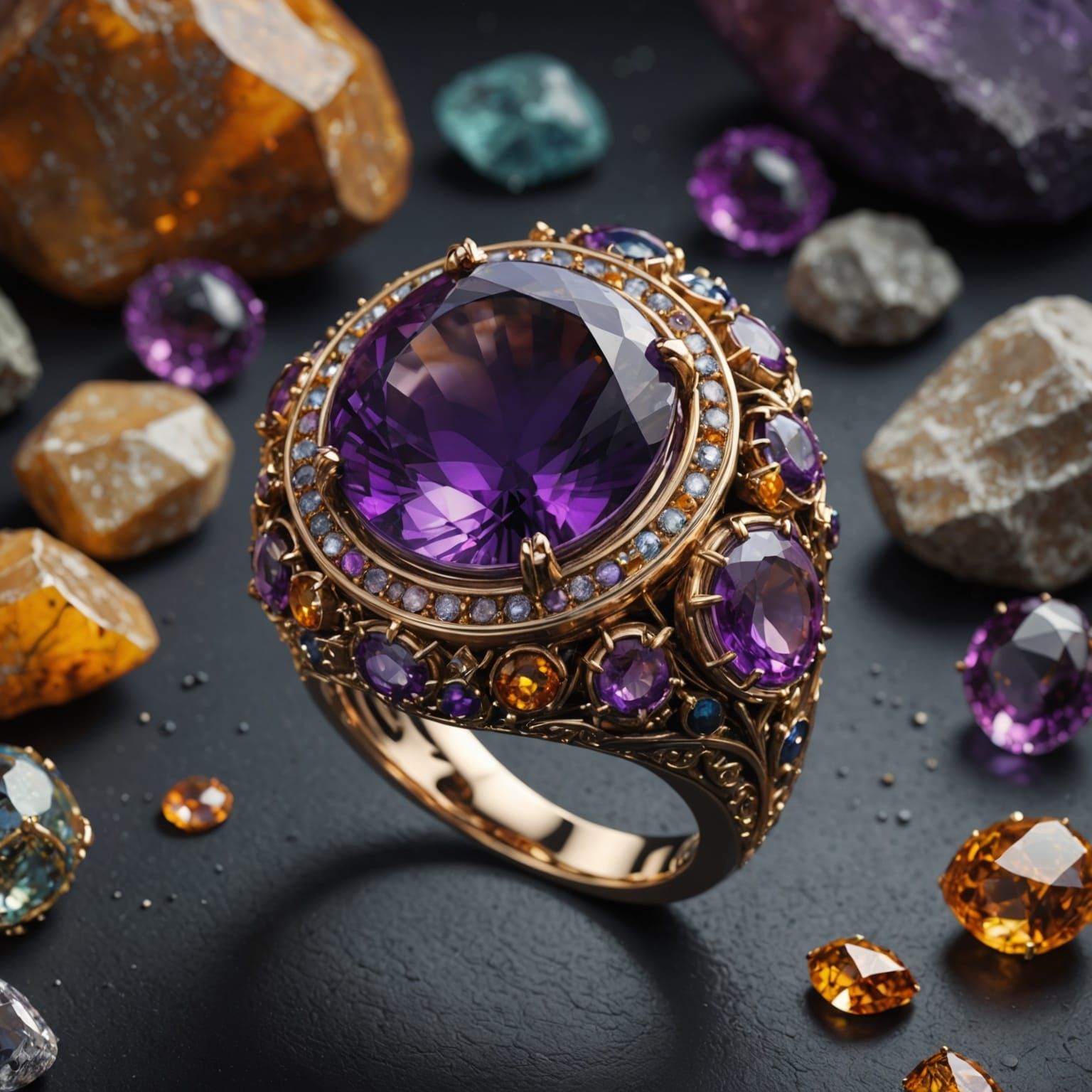 Fantastical Engagement Ring with Amethyst and Agates in Deep...