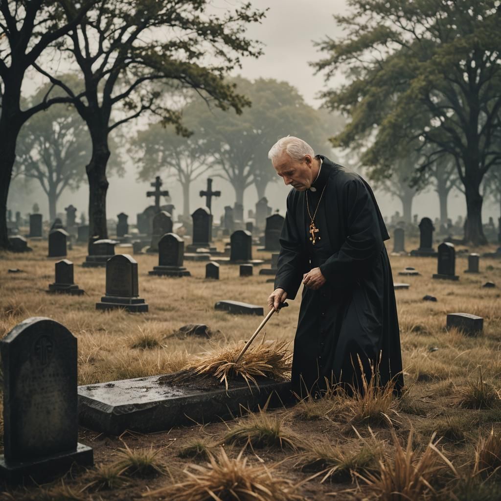 Priest Buries the Dead in Overcast Graveyard