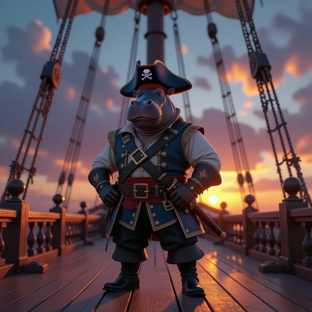 Hippo Pirate on a Galleon Deck in 3D Style