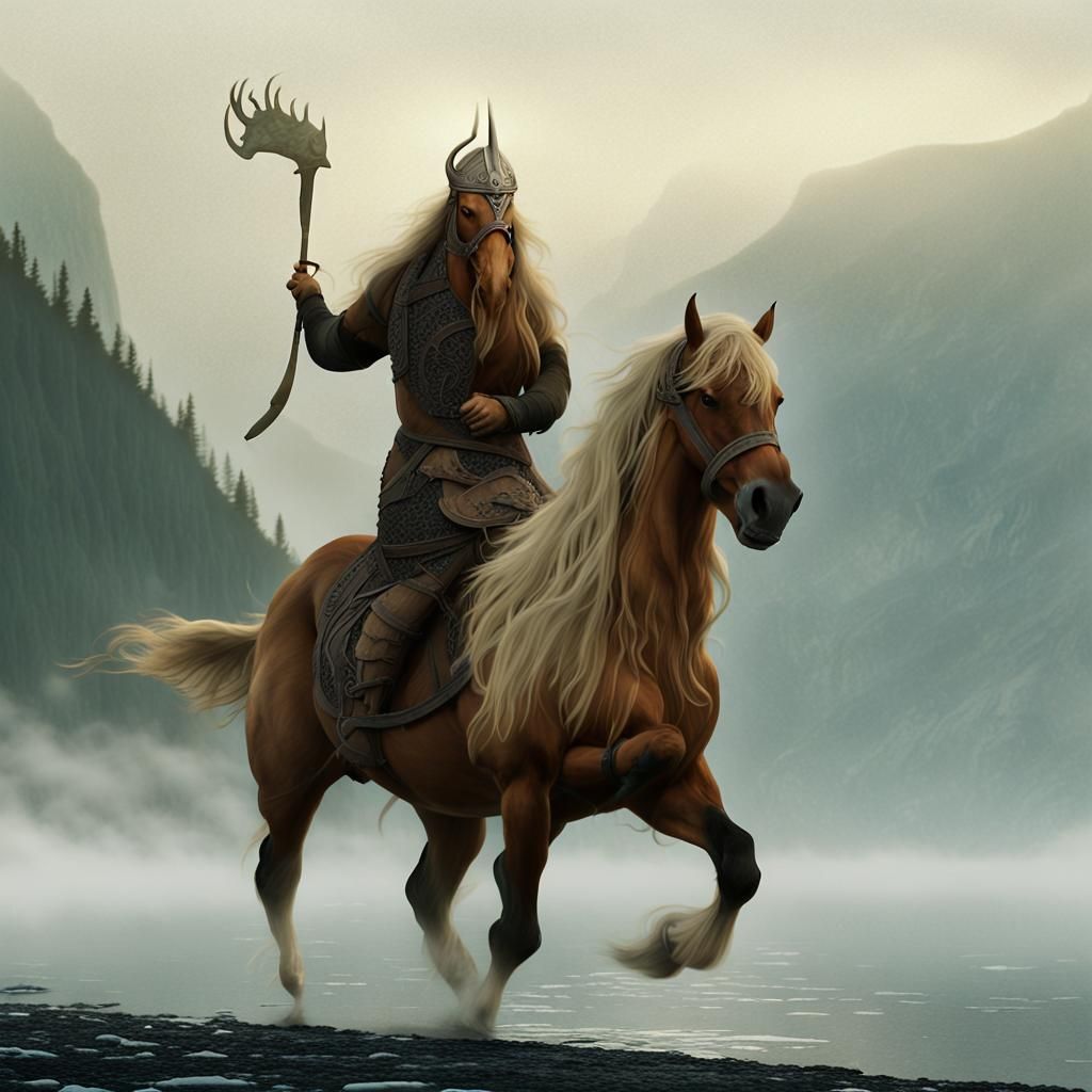 Viking Horse Galloping Through Misty Fjord