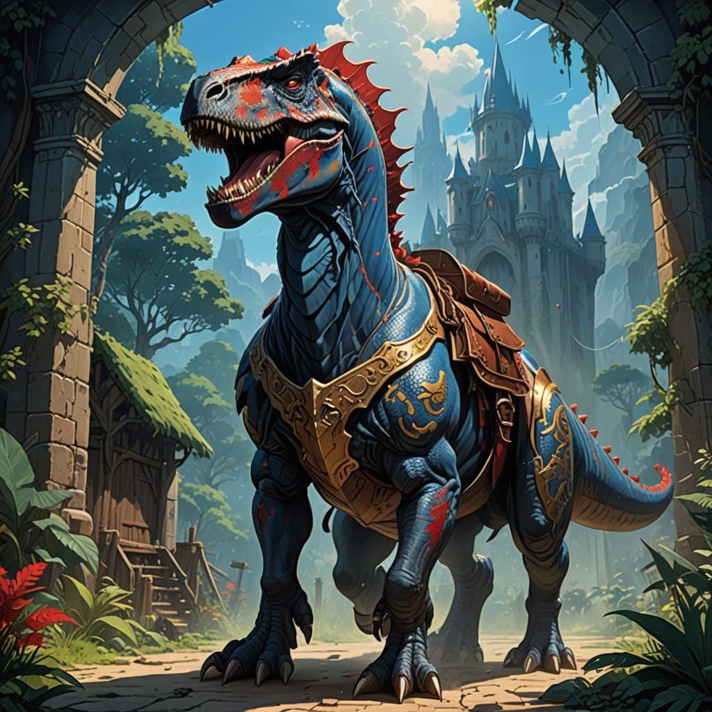 Fantasy Tyrannosaurus Rex in Medieval Riding Saddle