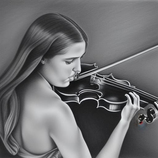 Girl in Woods Playing Violin: Charcoal Drawing