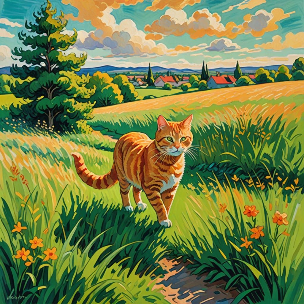 Impressionist Ginger Cat in a Vibrant Field