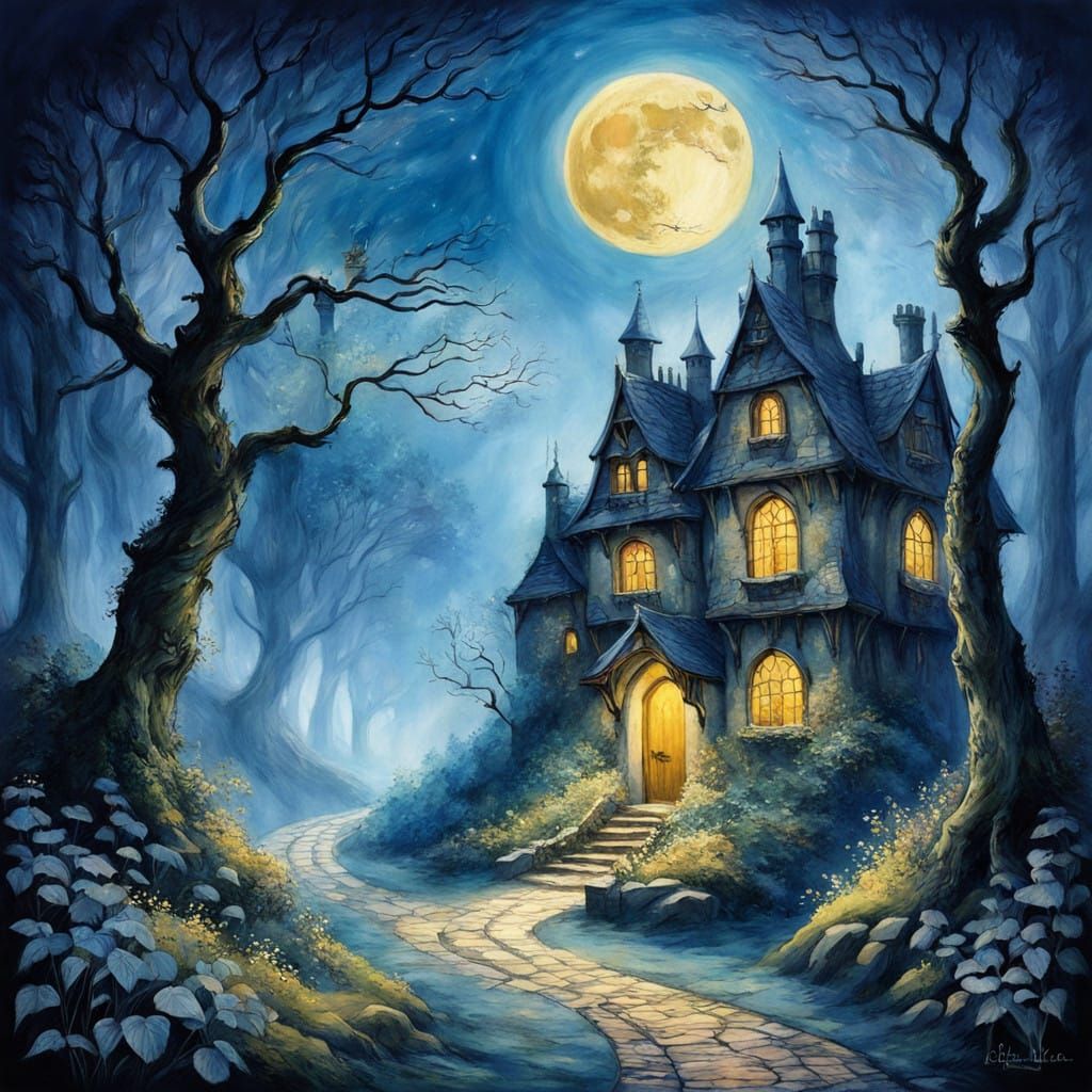 Moonlit house in the forest.