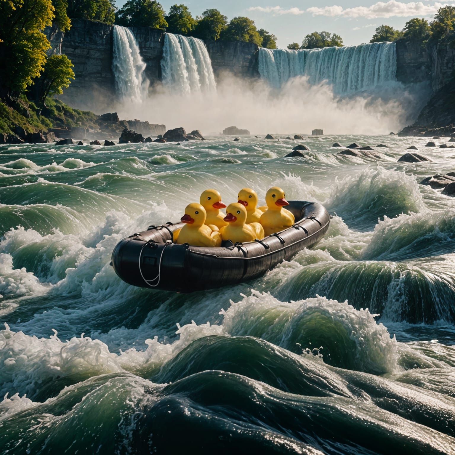 realistic wildlife photograph of rubber ducks in an inflatable boat, going over Niagra Falls, Hyperrealistic, splash ar...