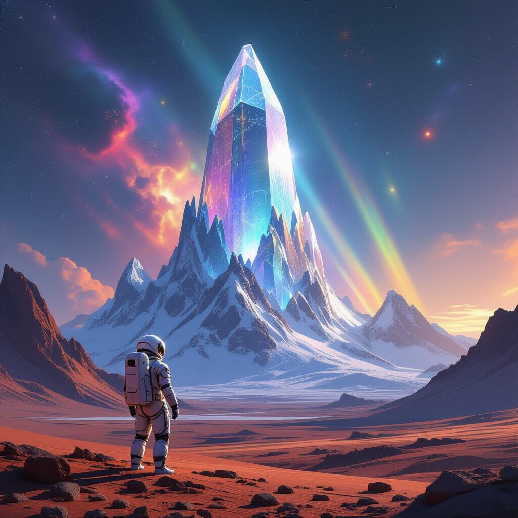 Astronaut Gazes at Colossal Crystal on Alien World
