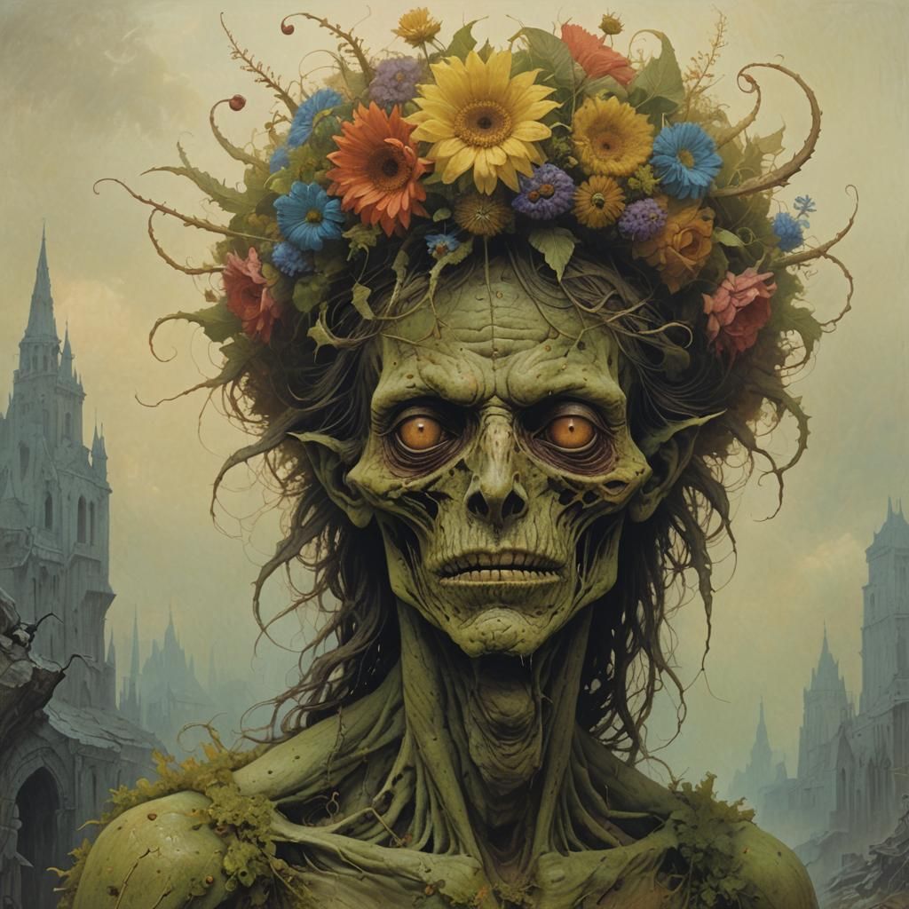 Beksiński Style Creature with Flower Crown