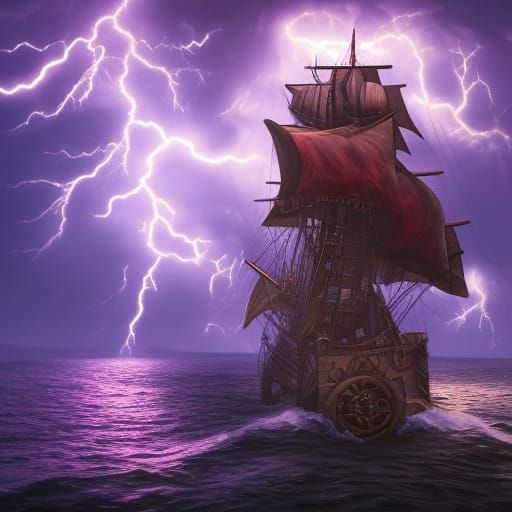 Pirate Ship Battle in Purple Lightning Storm
