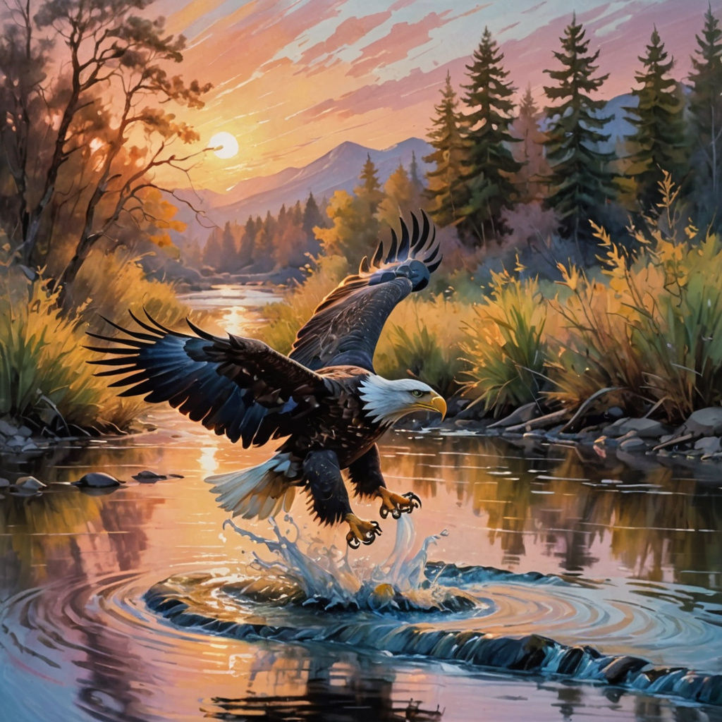 Eagle's Sunset Catch: An Impressionistic Vision