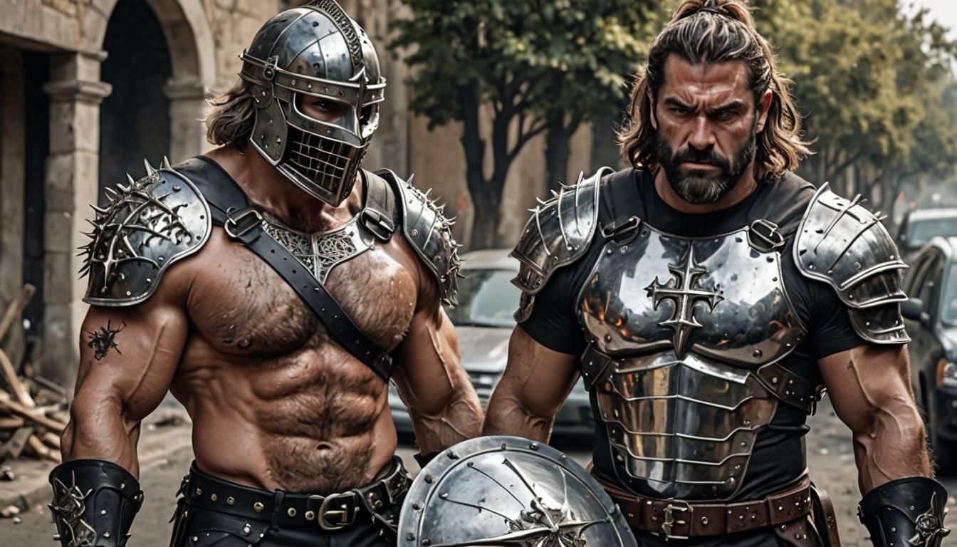 Muscular Knight Pulling Car with Silver Thorns Armor