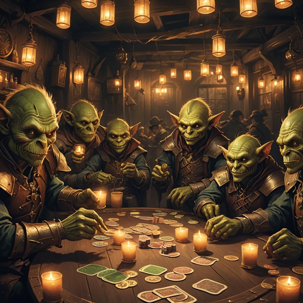 Goblins Play Poker in Tavern, Fantasy Illustration
