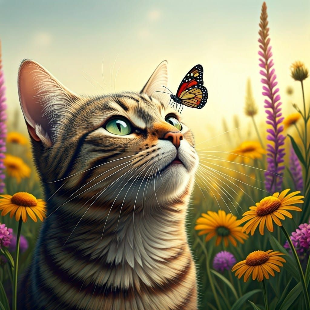 Cat with Butterfly in Whimsical Illustration Style