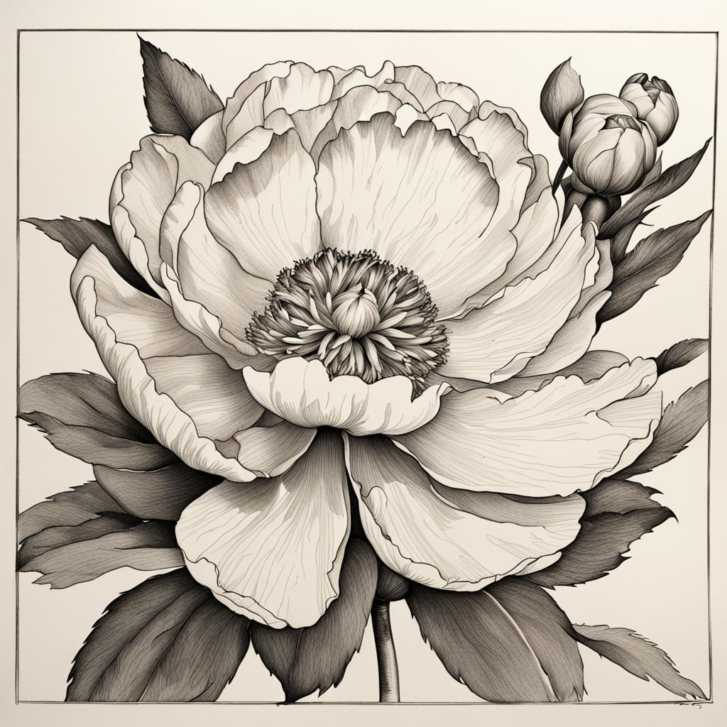 Peony Blossom: Botanical Art Ink Drawing