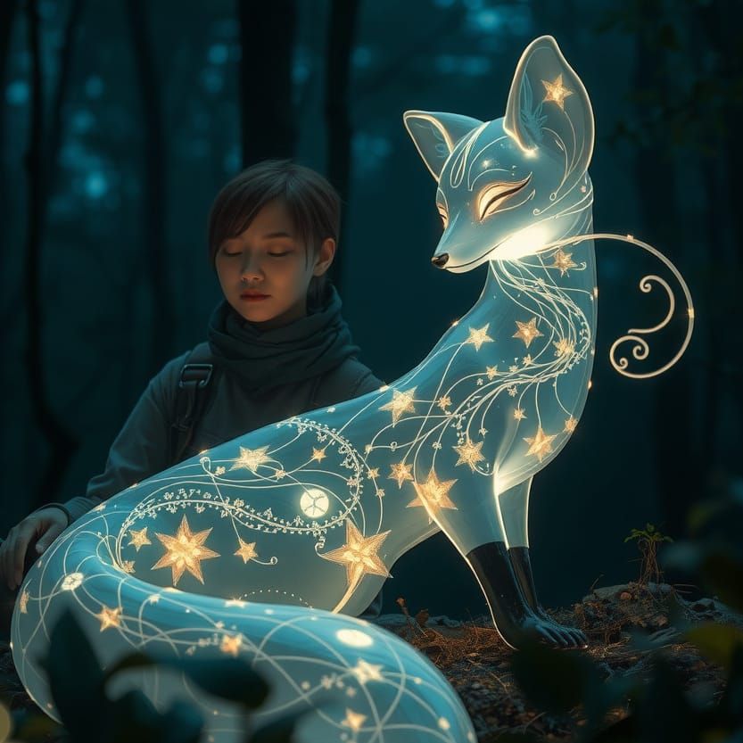 Translucent Light Fox Spirit in Dark Forest