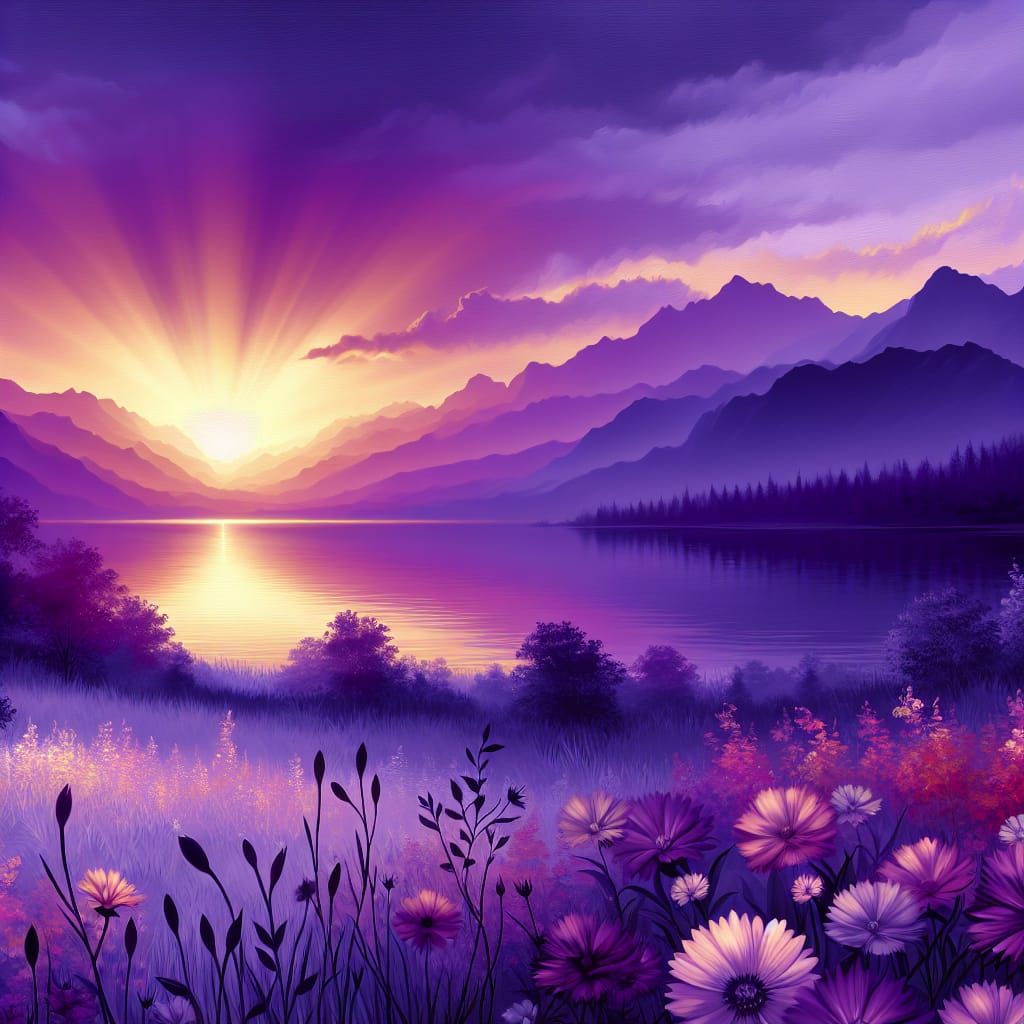 Purple Sunset Landscape with Mountains and Wildflowers