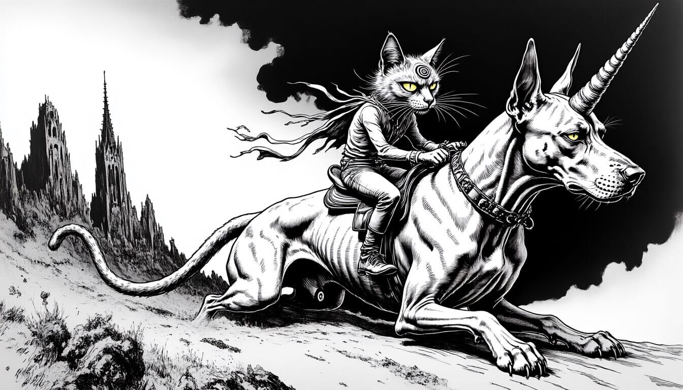 Psychedelic Cat Riding a Spiraling-Horned Great Dane