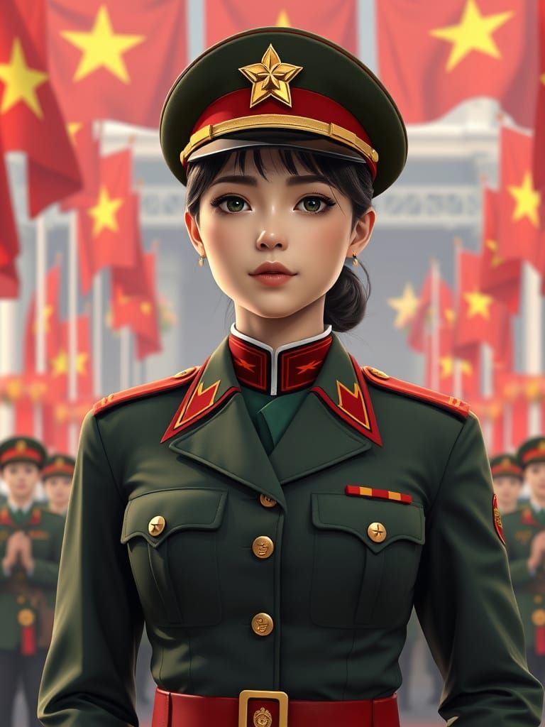 Vietnamese Female Soldier in Ceremonial Parade Uniform