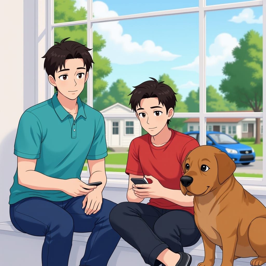 Animated Illustration of Two Men and a Dog