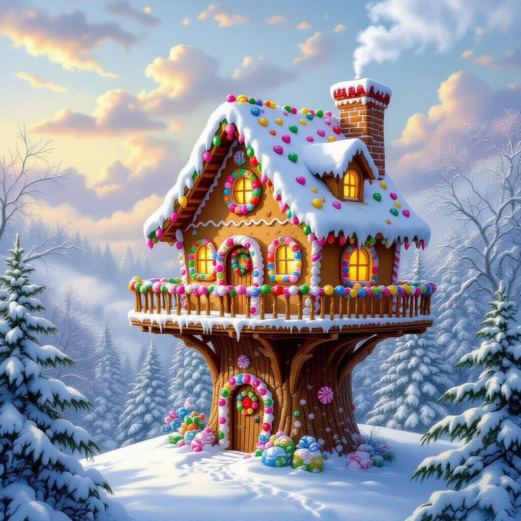 Ethereal Gingerbread Tree House in Winter Mist