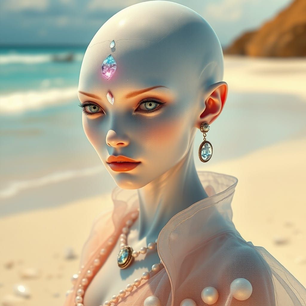 Serenely Radiant Alien Goddess on a Sun-Kissed Beach