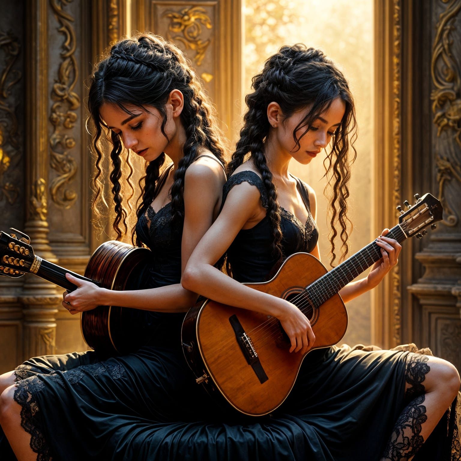 Ethereal Goddesses Shine on a Golden Stage with Guitars