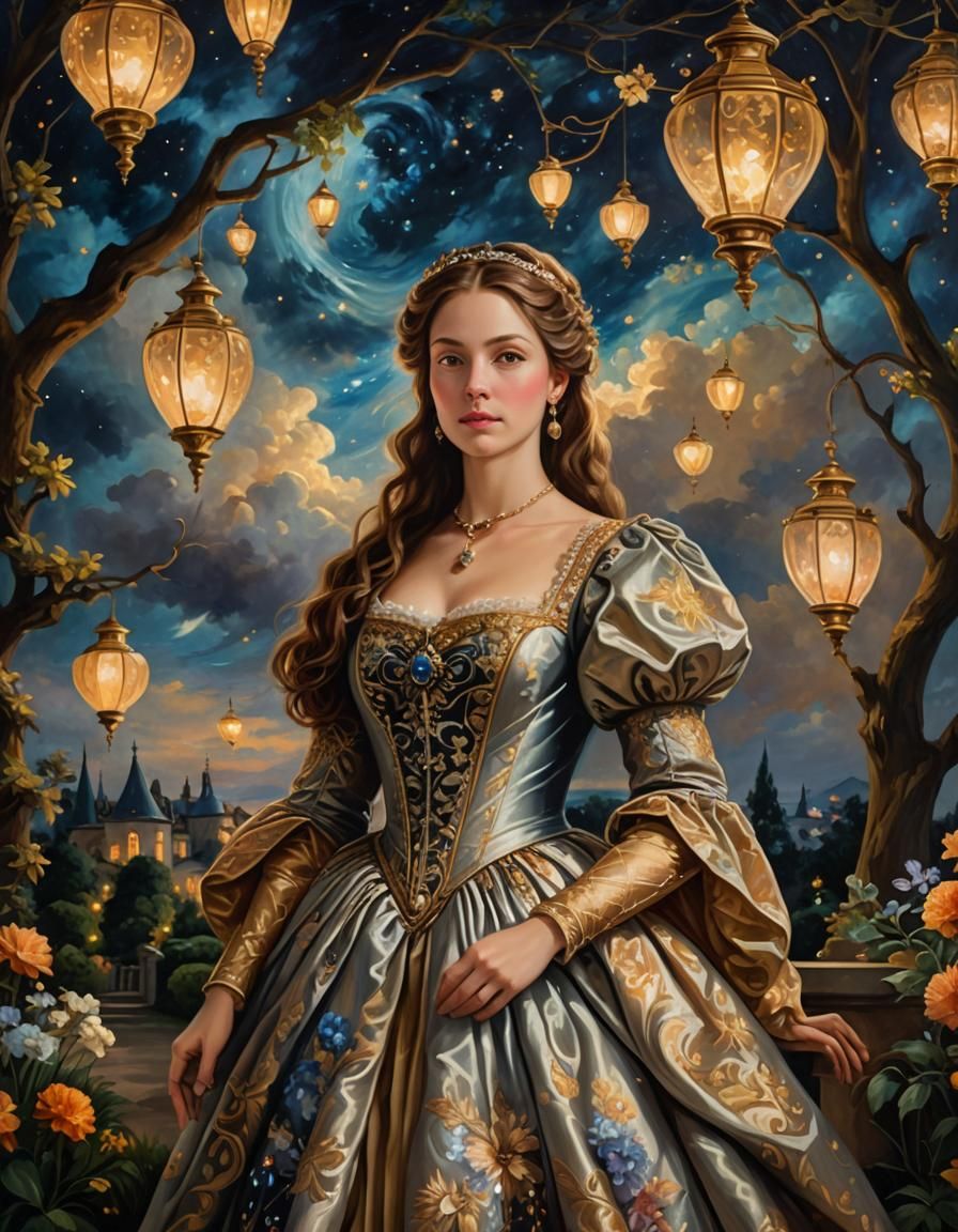 Renaissance Woman in Zaffre Garden Under Starry Night