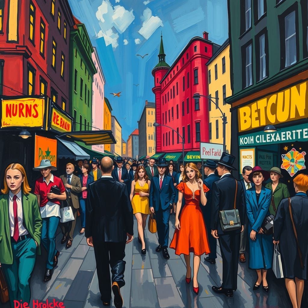 German Expressionist Street Scene in Die Brücke Style