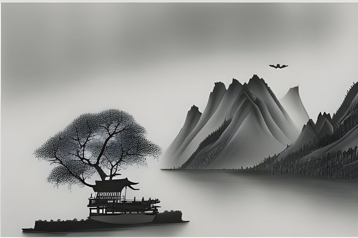 Majestic River Scene in Chinese Ink-Wash Style