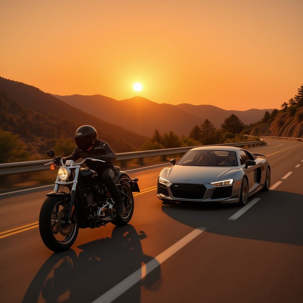 Harley Davidson and Audi R8 Racing on Highway