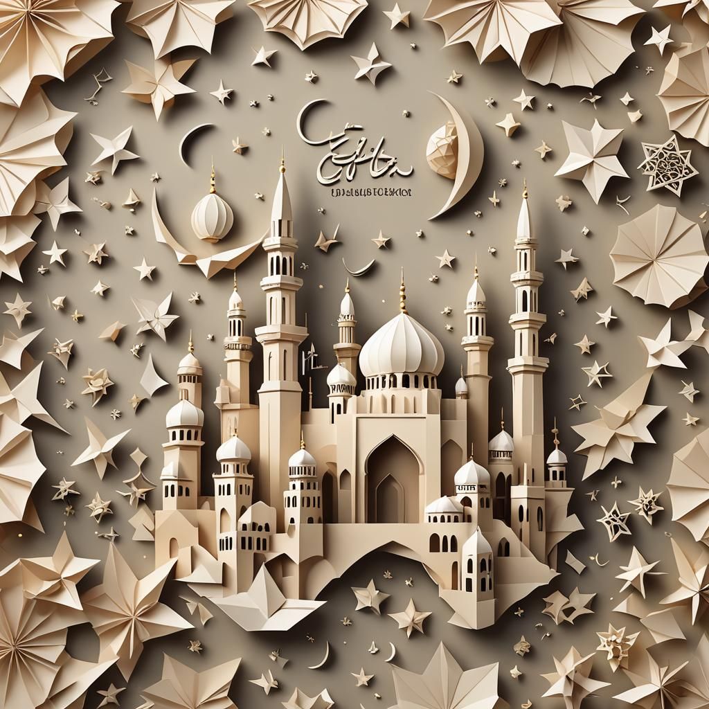 Eid Al-Fitr Masjid Origami Card in Soft Focus
