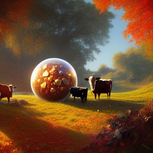 Cow Sphere Radiating Love on Autumn Farm