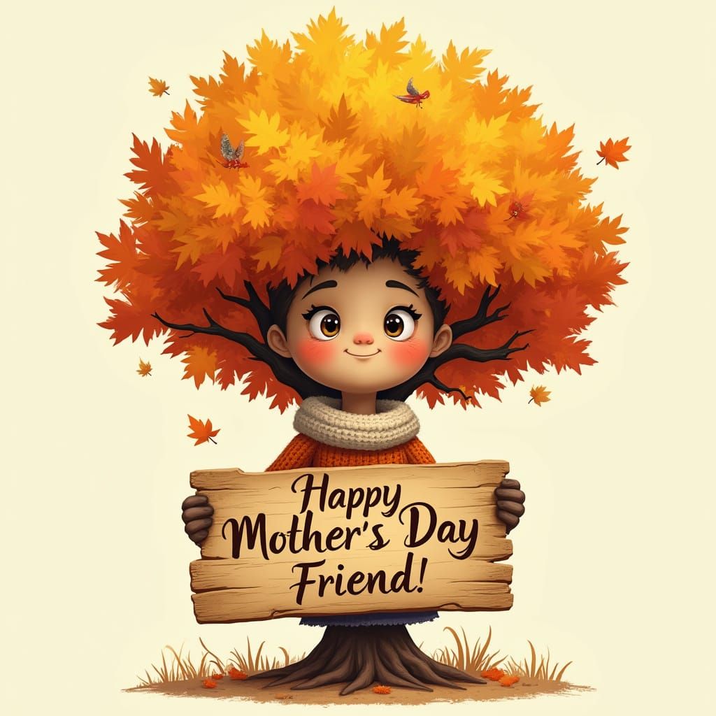 Fall Tree Character Holds Happy Mother's Day Sign in Whimsic...