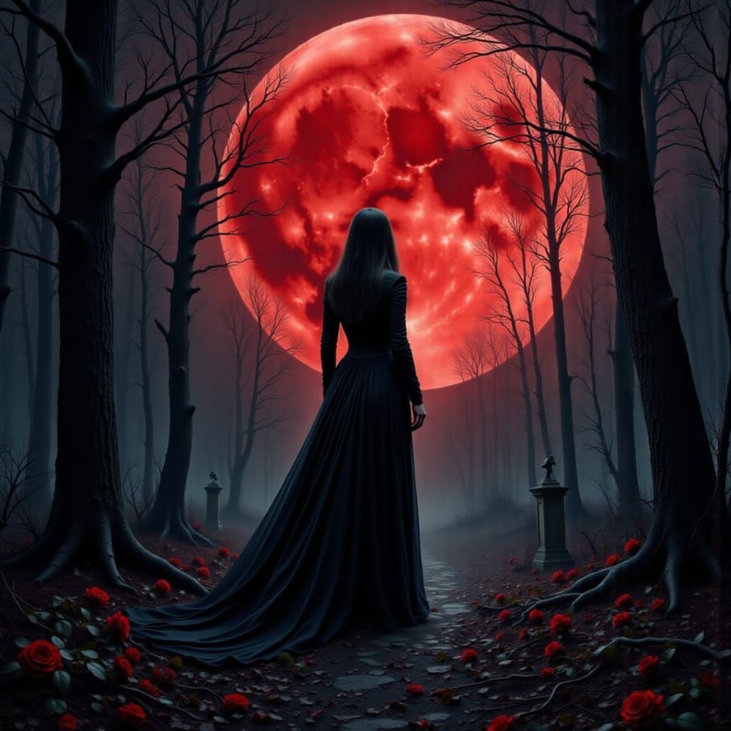 Gothic Woman in Abandoned Cemetery by Red Moon