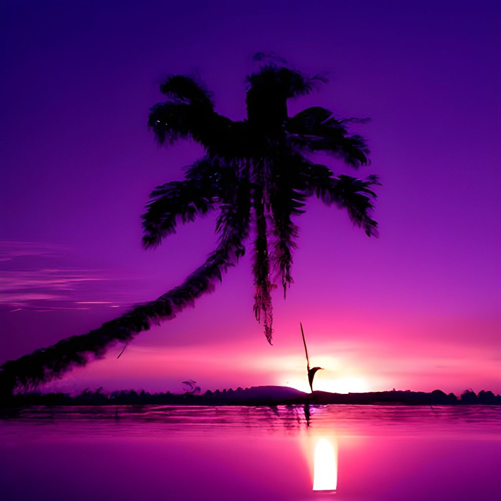 Purple Sunset Palm Tree Silhouette Reflection