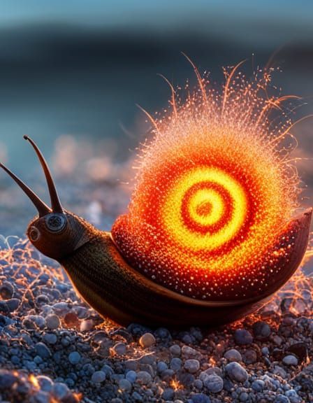 Flaming Snail on Fire at Sunset in Surreal Style
