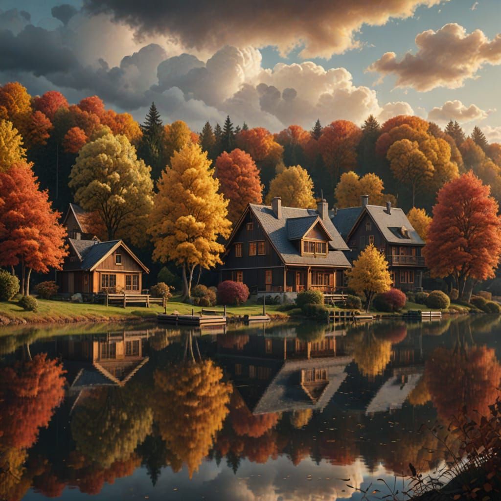 Hyper-Realistic Autumn Lakeside Houses in Golden Hour Light