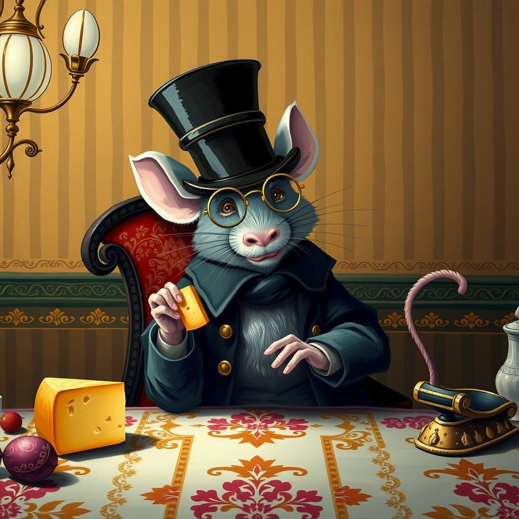 Mouse Cheese Taster in Chagall and Onchi Style