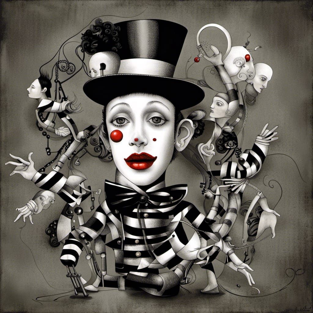 Mime in Fantasy Whimsical Assemblage Style Illustration