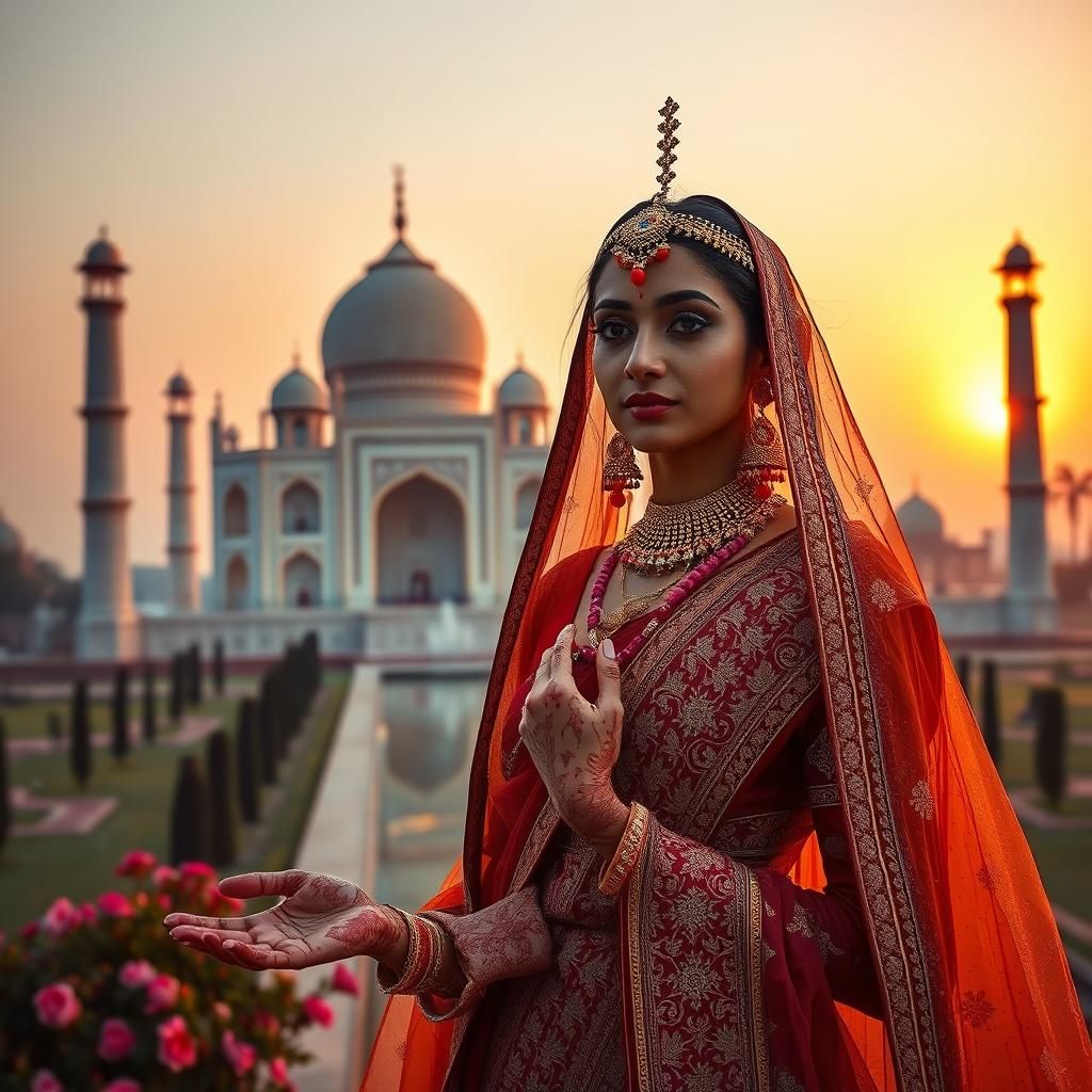 Indian Model with Henna and Taj Mahal Sunrise