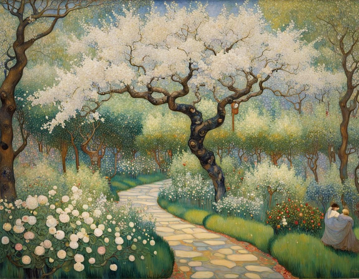 Apple Blossom Garden: Art Nouveau Impressionism