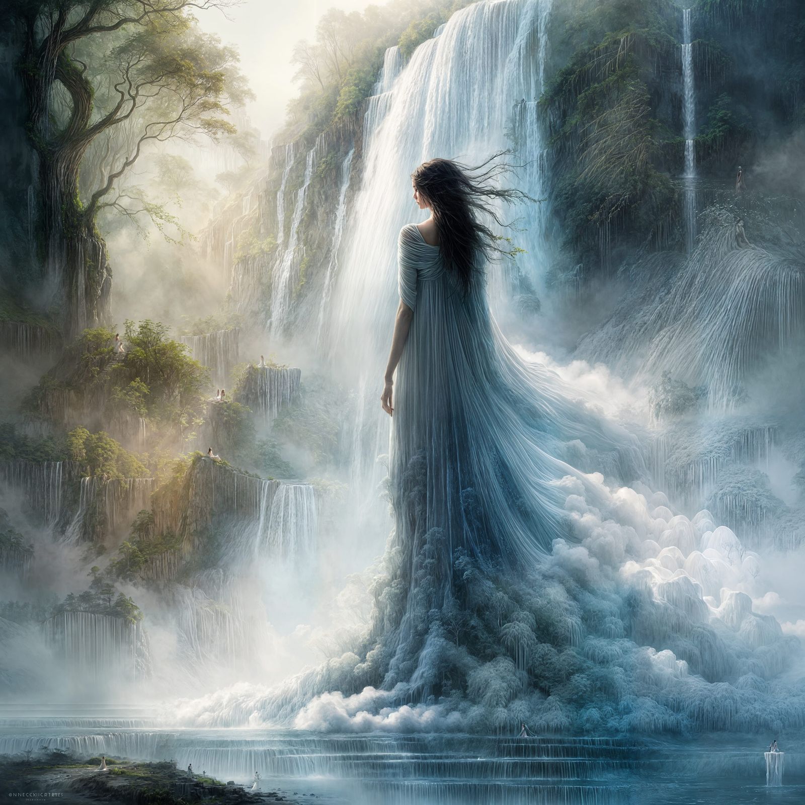 Surreal Waterfall Gown Illustration in Cool Colors