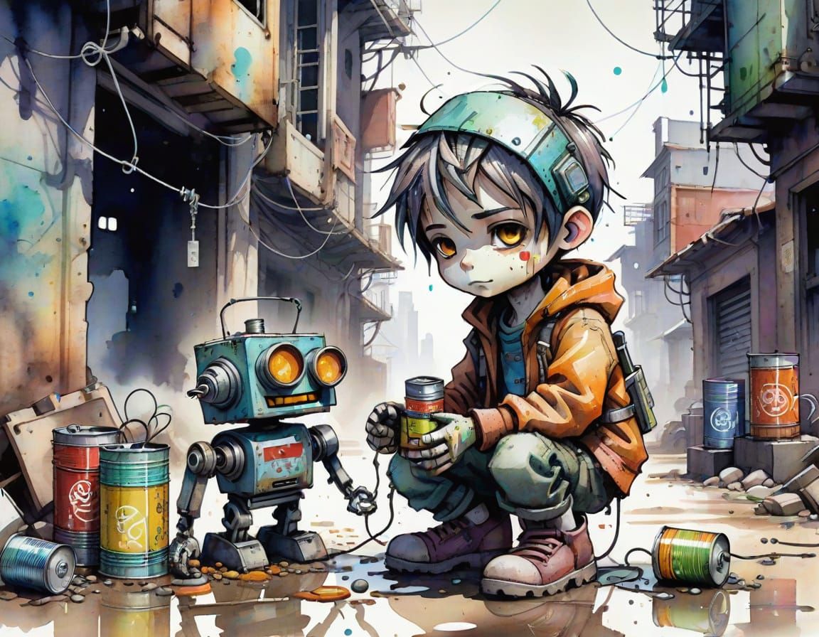 Chibi Boy with Robot Toy: Watercolour Concept Art