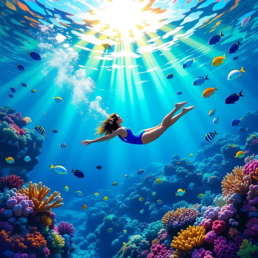 Woman Swims in Vibrant Coral Reef with Marine Life