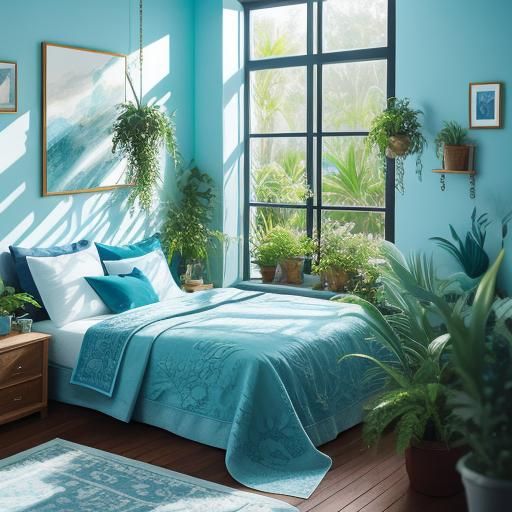 Aquamarine and Blue Princess Bedroom with Plants
