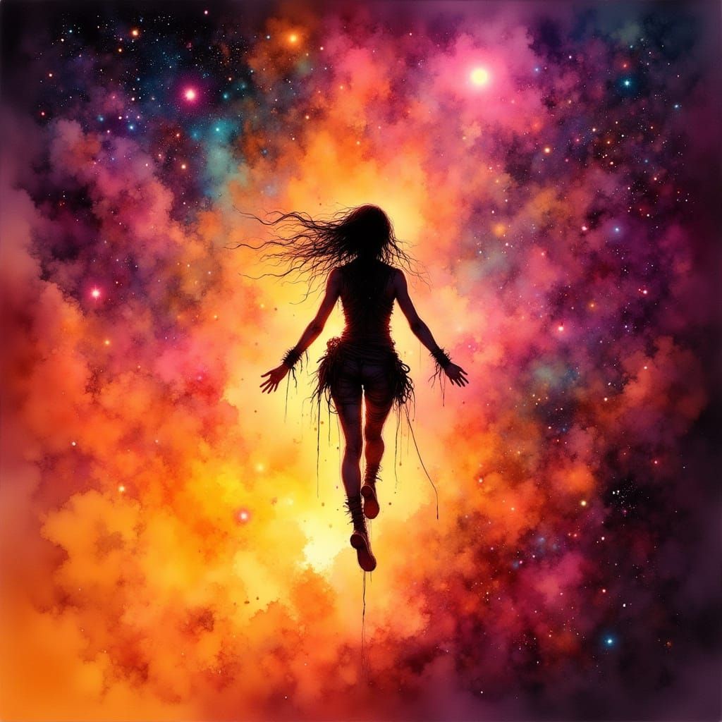 Skydiver Silhouette in Vibrant Cosmic Nebula Sky