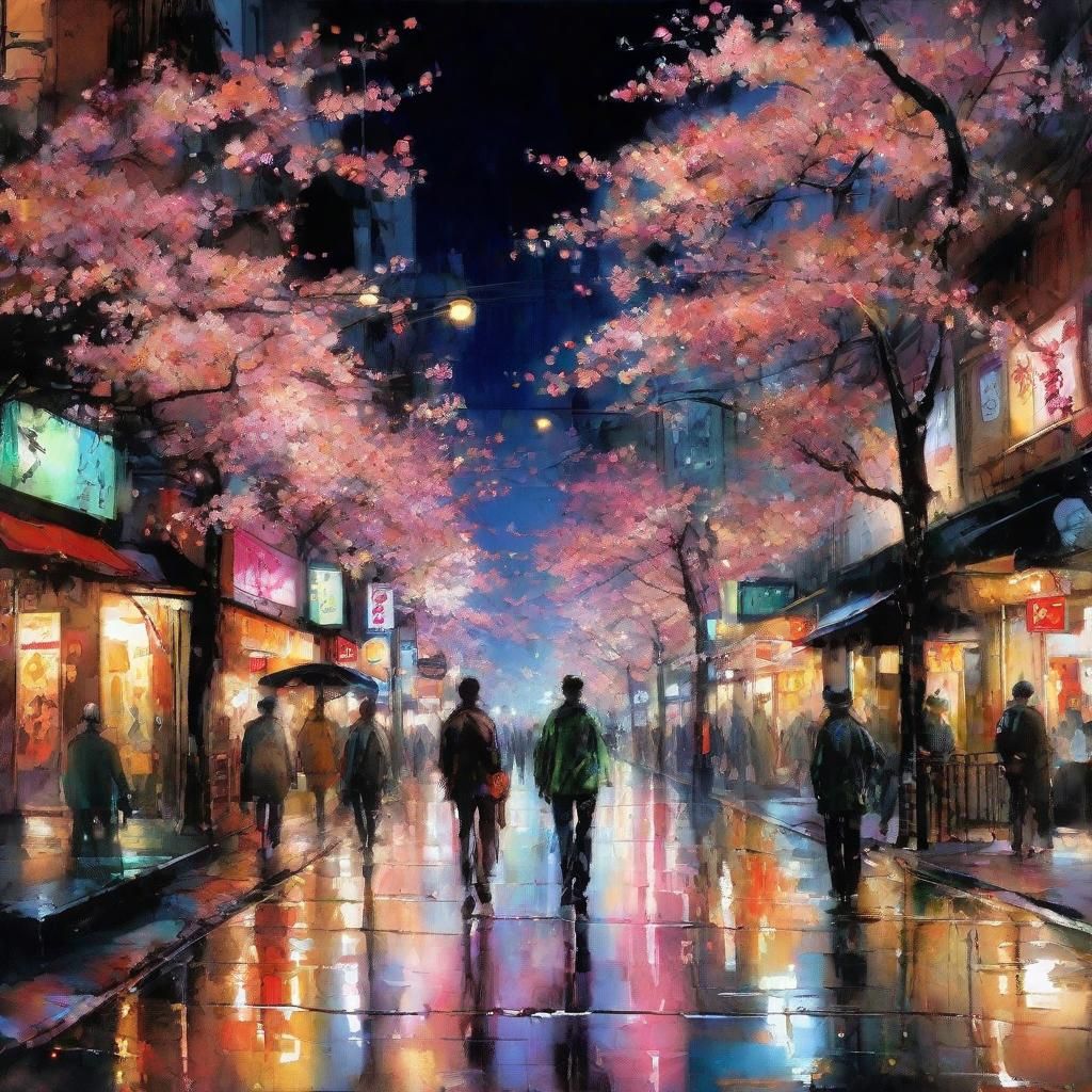 Neon Tokyo Cherry Blossoms: Dreamy Watercolor Nightscape