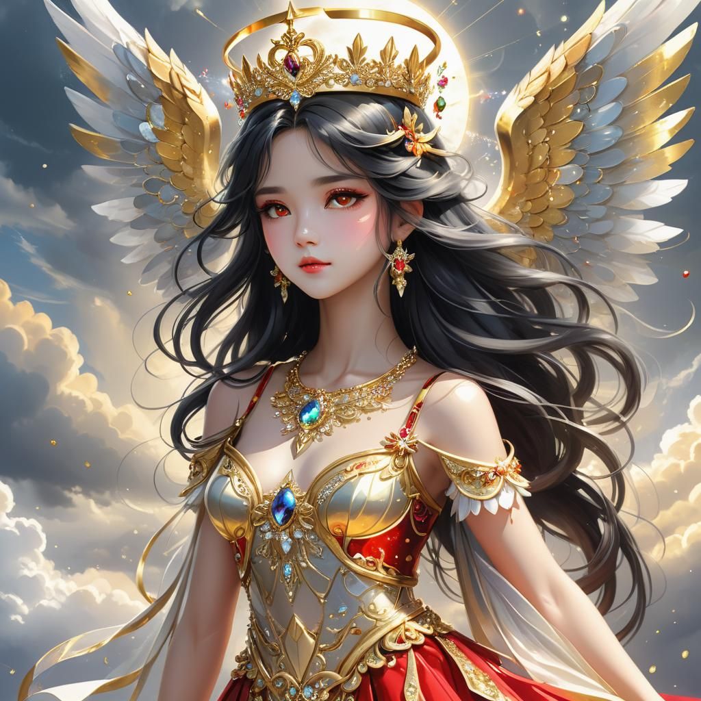 Anime Style Angel with Golden Wings and Crown